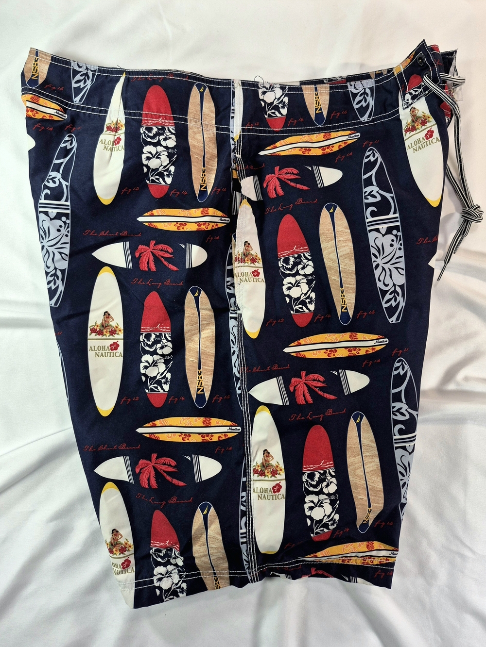 VTG Nautica Aloha Surfboard Hula Girl Swim Board Shorts Navy NWOT 36W Collab Y2K